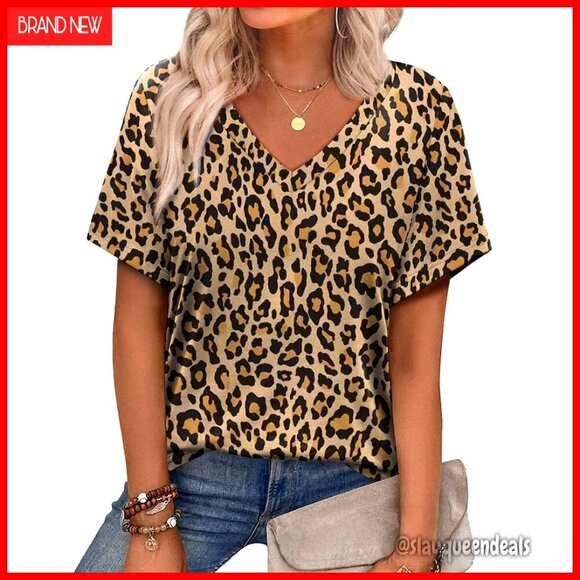 Tops - V-Neck Short Sleeve T-Shirt, Polyester Spandex Blend, Regular Fit, Printed